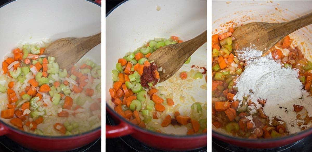 Three images of carrot, onion, and celery cooking in a pot then tomato paste and flour are added.