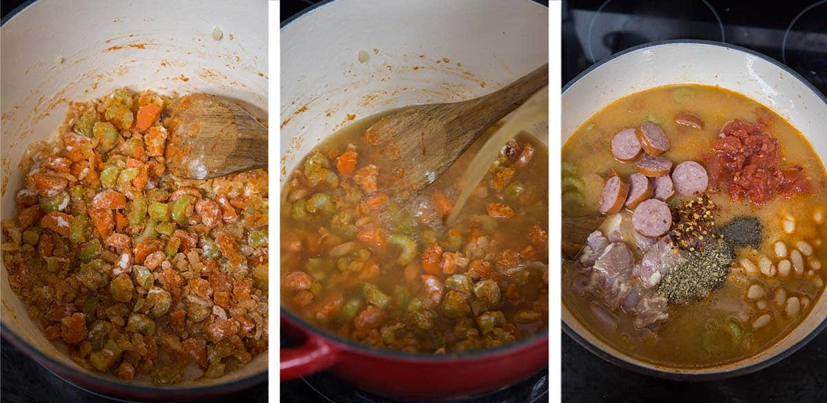 Three images of cooked carrot, celery, and in a pot the broth, diced tomatoes, sausage, white beans and a bay leaf are added.