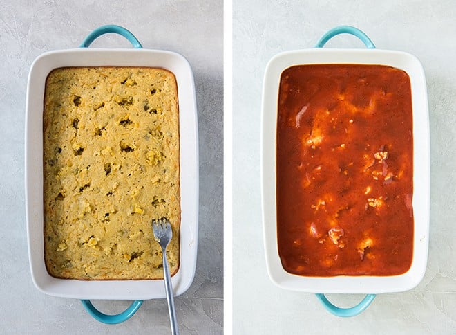 A layer of cornbread in a casserole dish is pierced with a fork and topped with enchilada sauce.