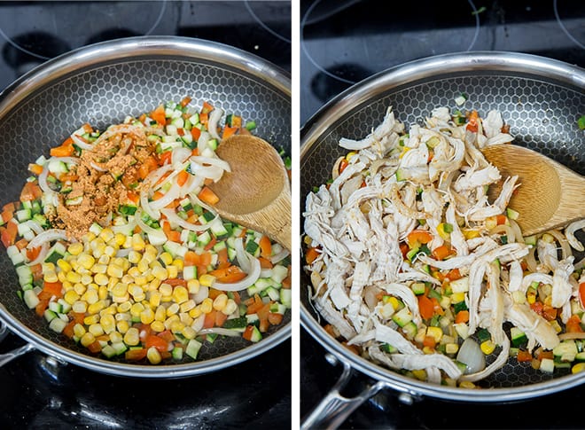 Two process photos showing the chicken and veggie mixture being sauteed in a skillet.