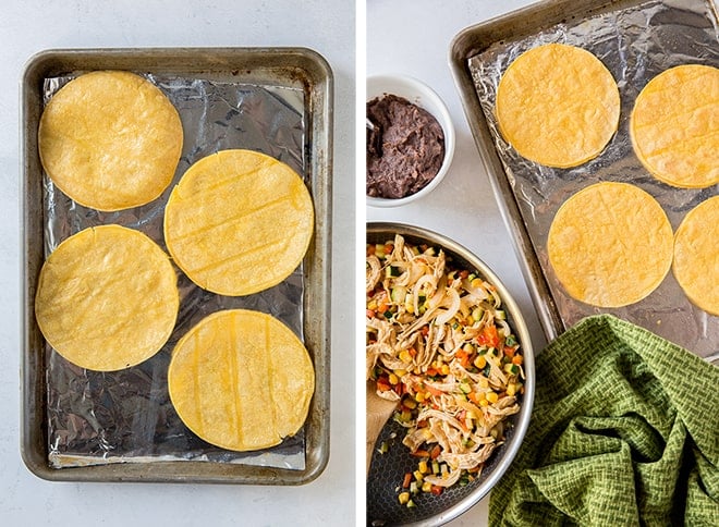 Two process photos showing corn tortillas on a foil-lined baking sheet.
