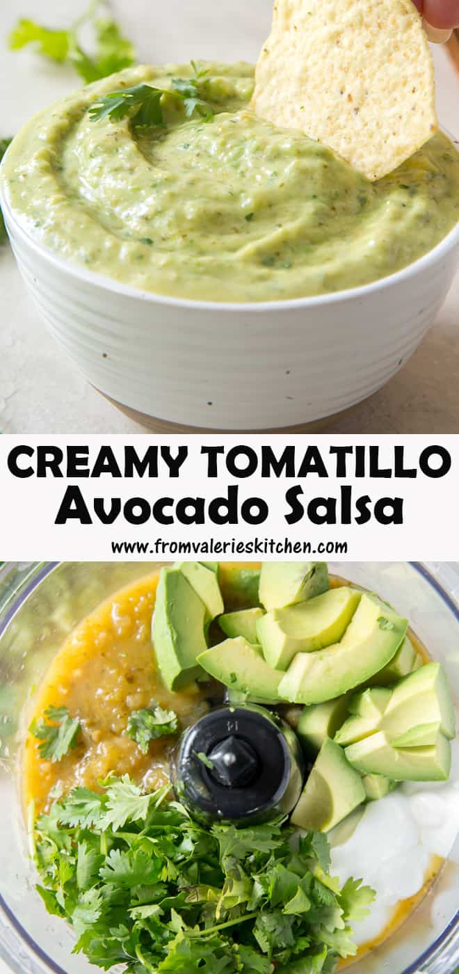 A two image vertical collage of Creamy Tomatillo Avocado Salsa with overlay text.