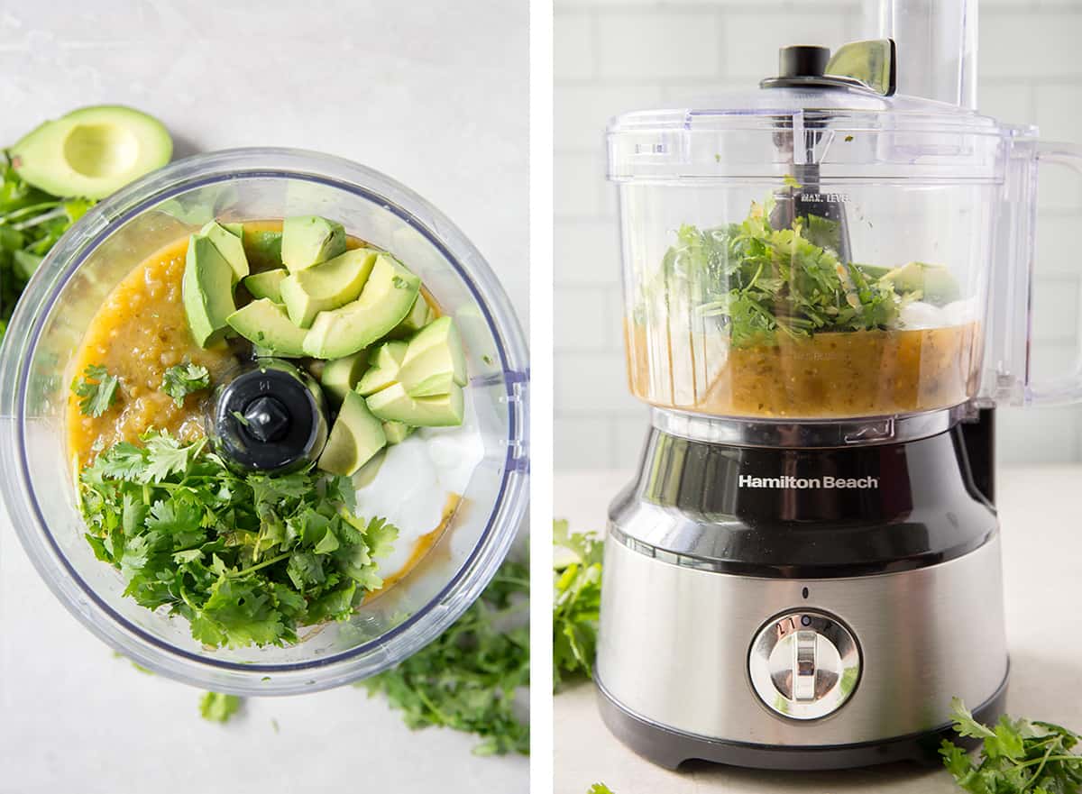 Two images of tomatillo salsa, avocado, cilantro, and yogurt in a food processor.