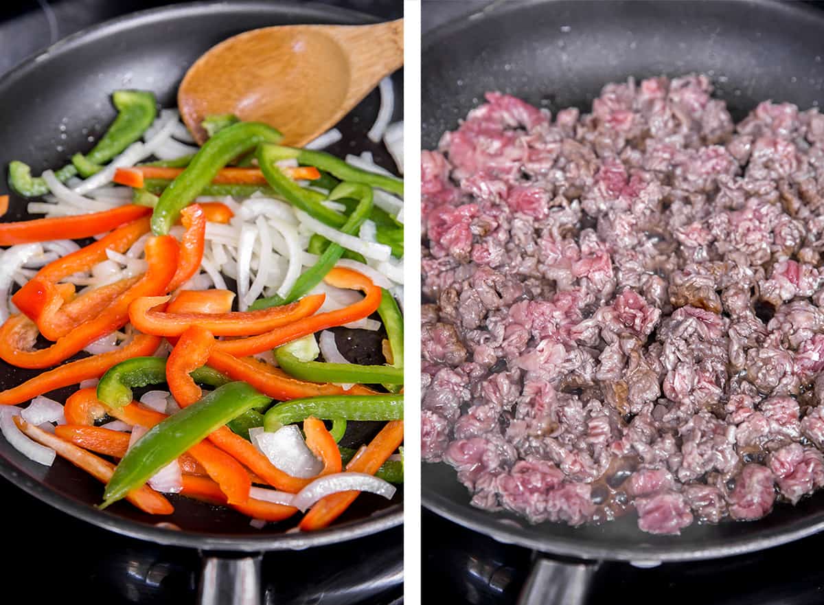 Two in process images showing sliced bell peppers and onions cooking in a skillet and the shopped sirloin cooking in the skillet.