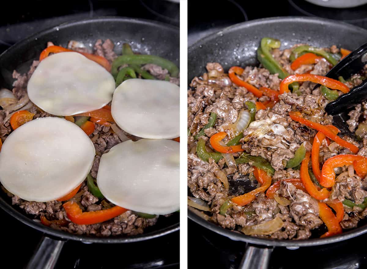 Two in process images showing sliced provolone melting into the beef and veggie mixture in the pan.