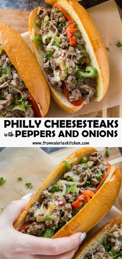 philly cheesesteak sandwich with text overlay.