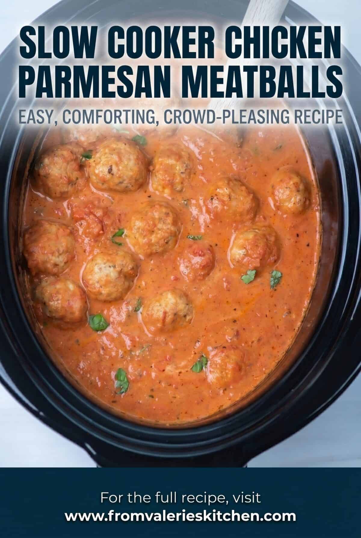 Single image poster of Slow Cooker Chicken Parmesan Meatballs in a rich tomato cream sauce, styled in deep navy, slate, and violet tones with bold recipe title text overlay.