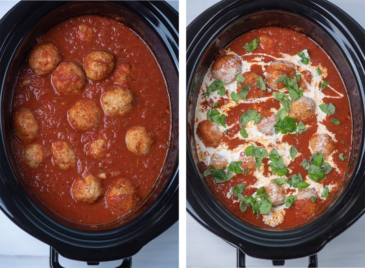 Two images of chicken meatballs in marinara sauce in a slow cooker with cream and basil added.