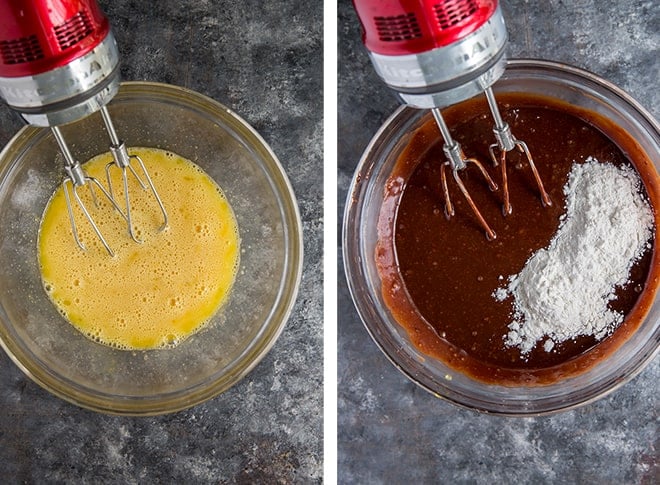 Two in process images showing the eggs being beaten in a mixing bowl and the flour mixture being added to the cooled chocolate mixture.