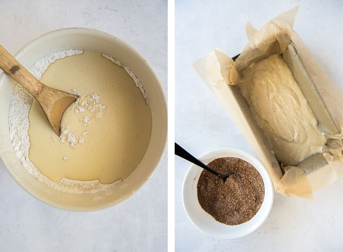 Two in process images showing the batter being mixed in a mixing bowl. The batter in a loaf pan with the cinnamon sugar mixture nearby.