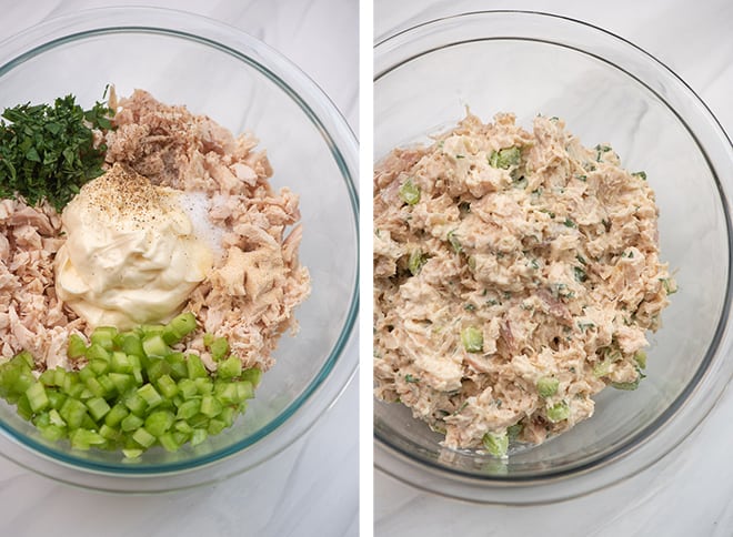 Two in process images showing the Classic Chicken Salad ingredients being mixed together in a glass mixing bowl.