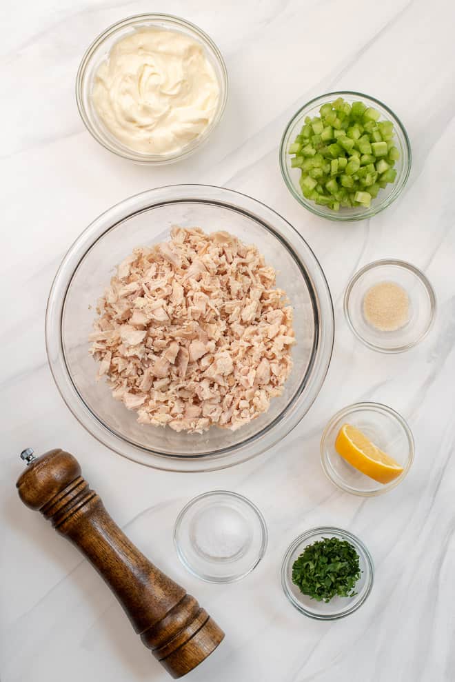 The ingredients for Classic Chicken Salad.