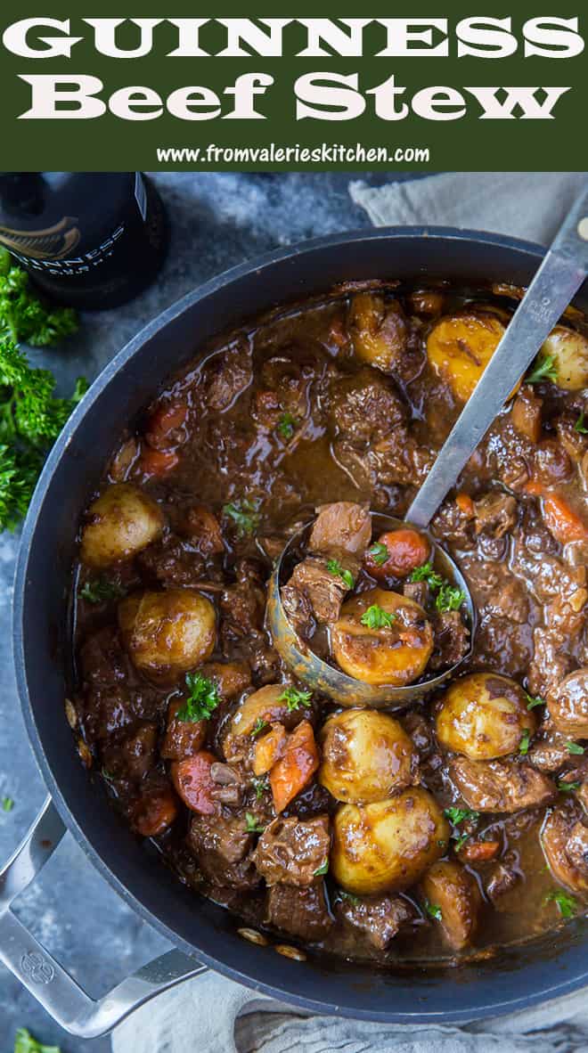 A pot with a ladle full of Guinness Beef Stew with overlay text.
