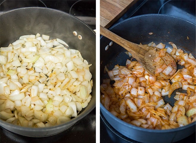 Two in process images showing onion being sauteed with tomato paste in a skillet.