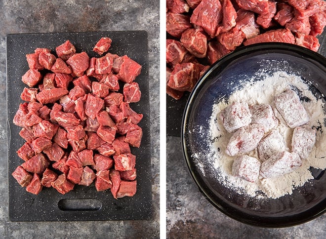 Two in process images showing beef stew meat on a cutting board and being tossed in flour.