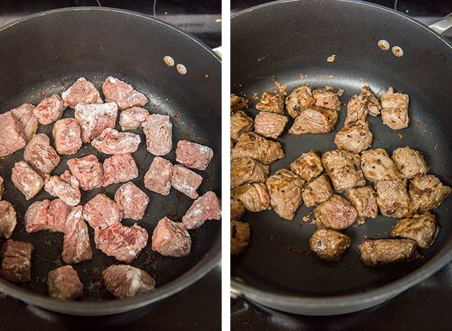 Two in process images showing the flour coated beef being sauteed in a skillet.