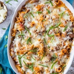 A casserole full of pasta with meat and cheese.