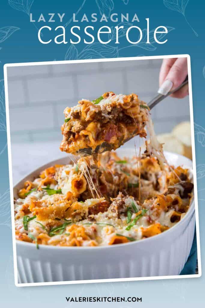 A spoon scooping lasagna casserole from a baking dish with text overlay.