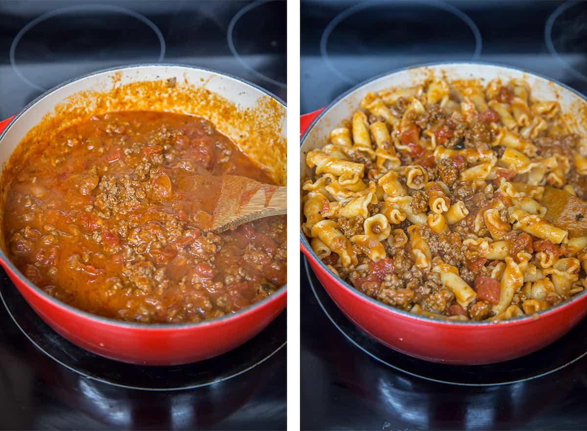 Two in process images showing the beef and pasta mixture being prepared in a skillet on the stove.