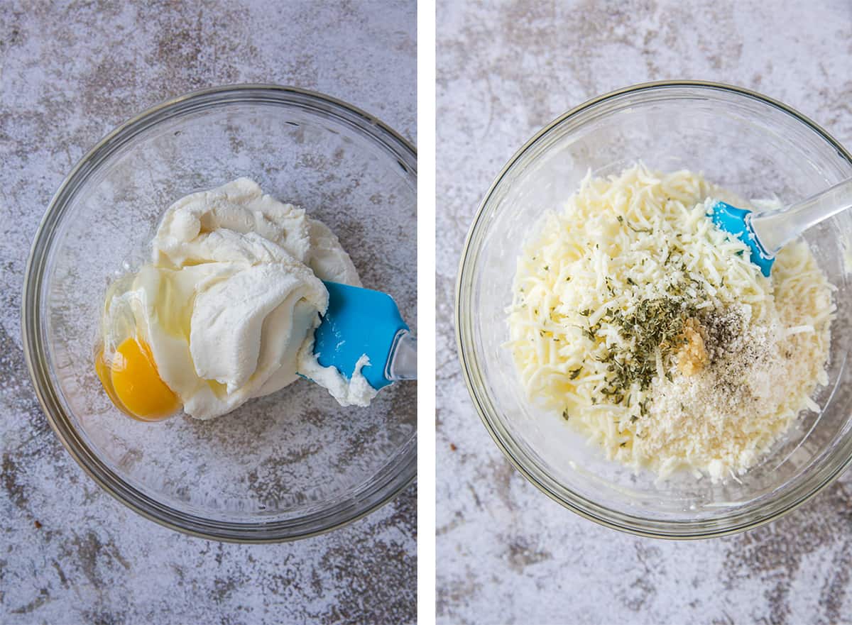 Two in process images showing ricotta cheese, eggs and other ingredients being combined in a mixing bowl.