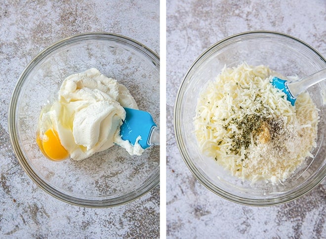 Two in process images showing the creamy ricotta and mozzarella cheese layered being mixed together in a glass mixing bowl.
