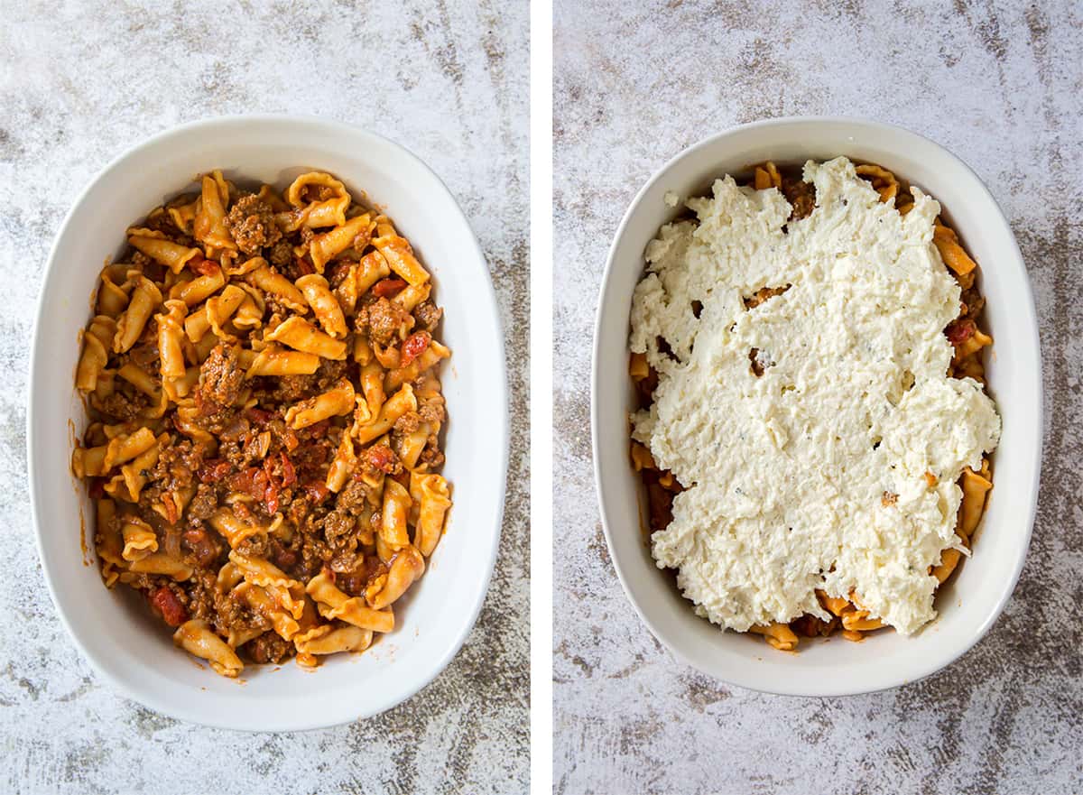 Two in process images showing the layering process in a white casserole dish.