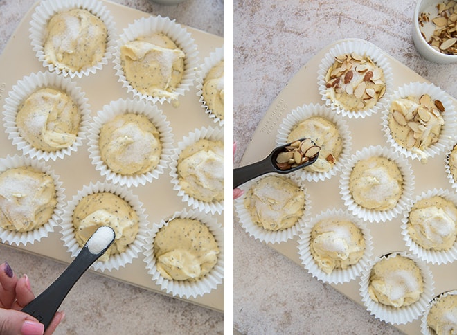 Two in process images showing the sugar and almonds sprinkled on top of the muffin batter in a muffin pan.