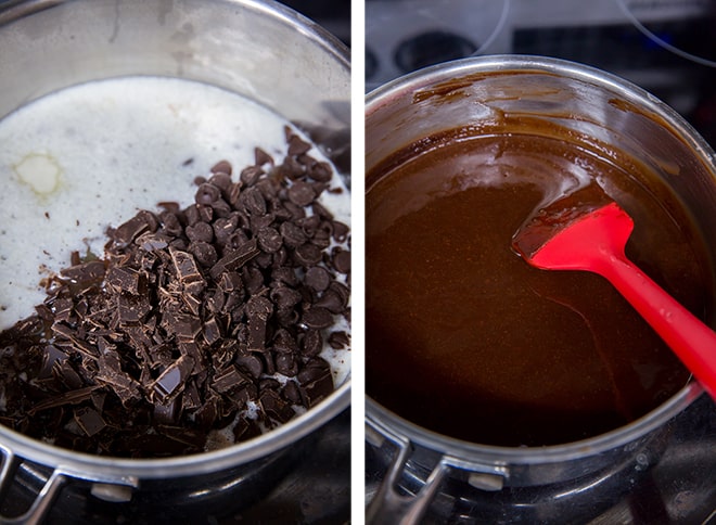 Two in process images showing the chocolate and butter melting together in a saucepan.