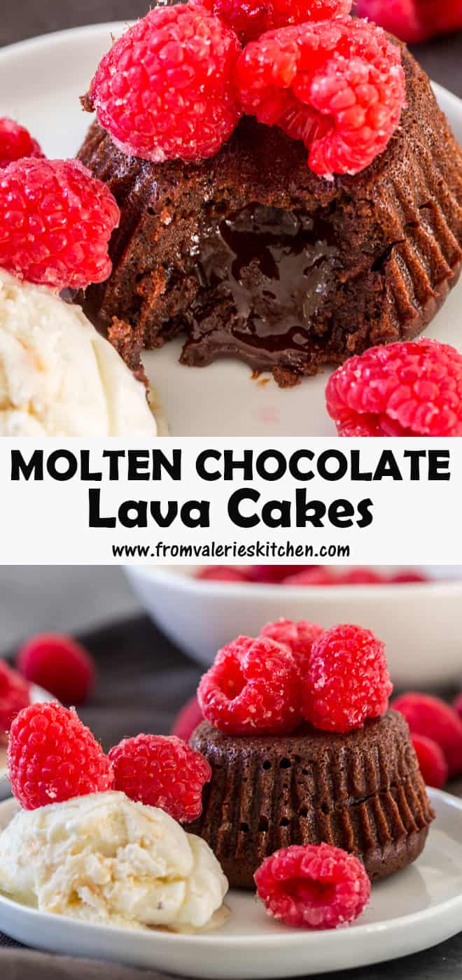 A two image vertical collage of Molten Chocolate Lava Cakes with overlay text
