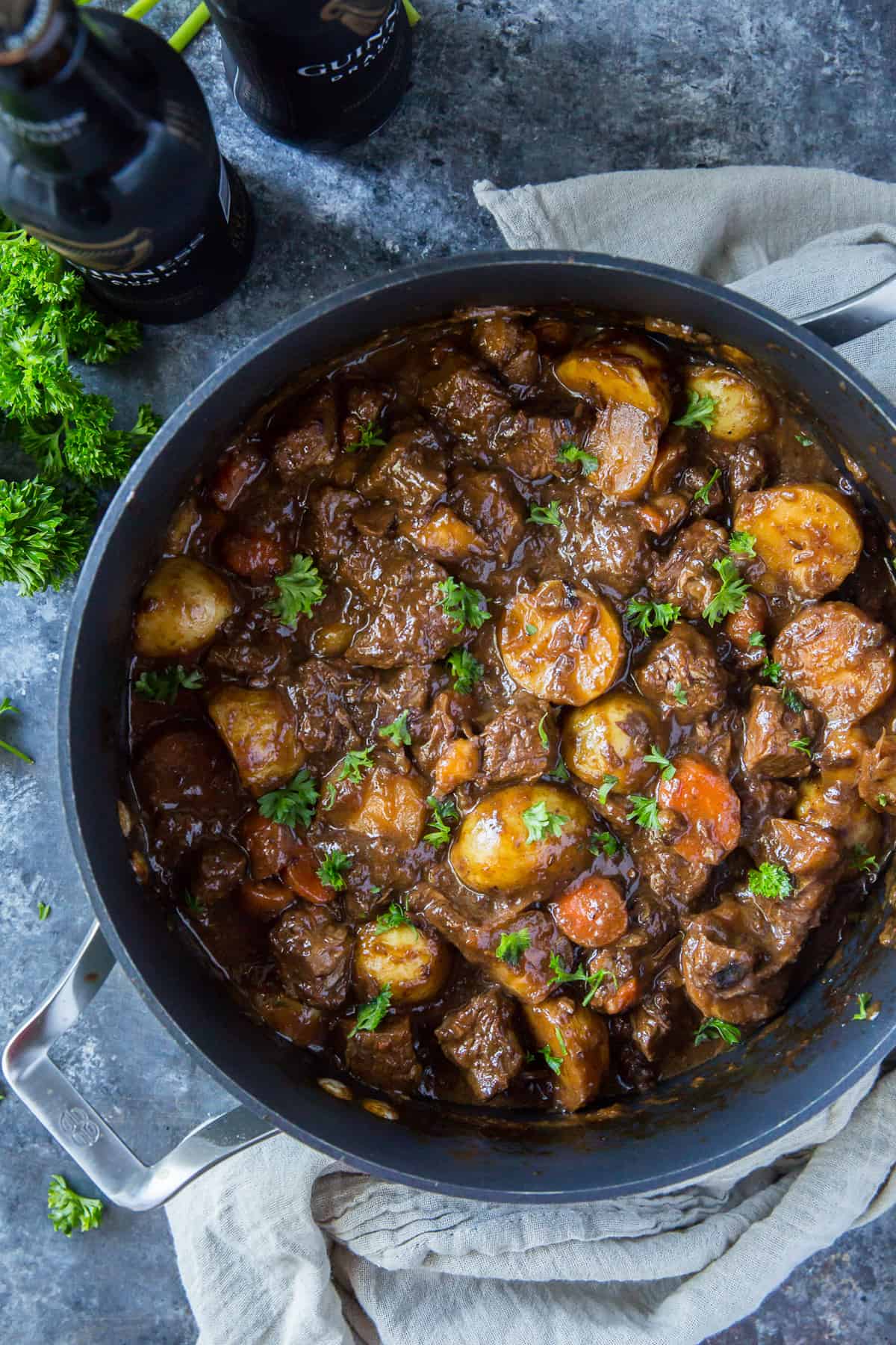 A top down shot of Guinness beef stew in a large pot.