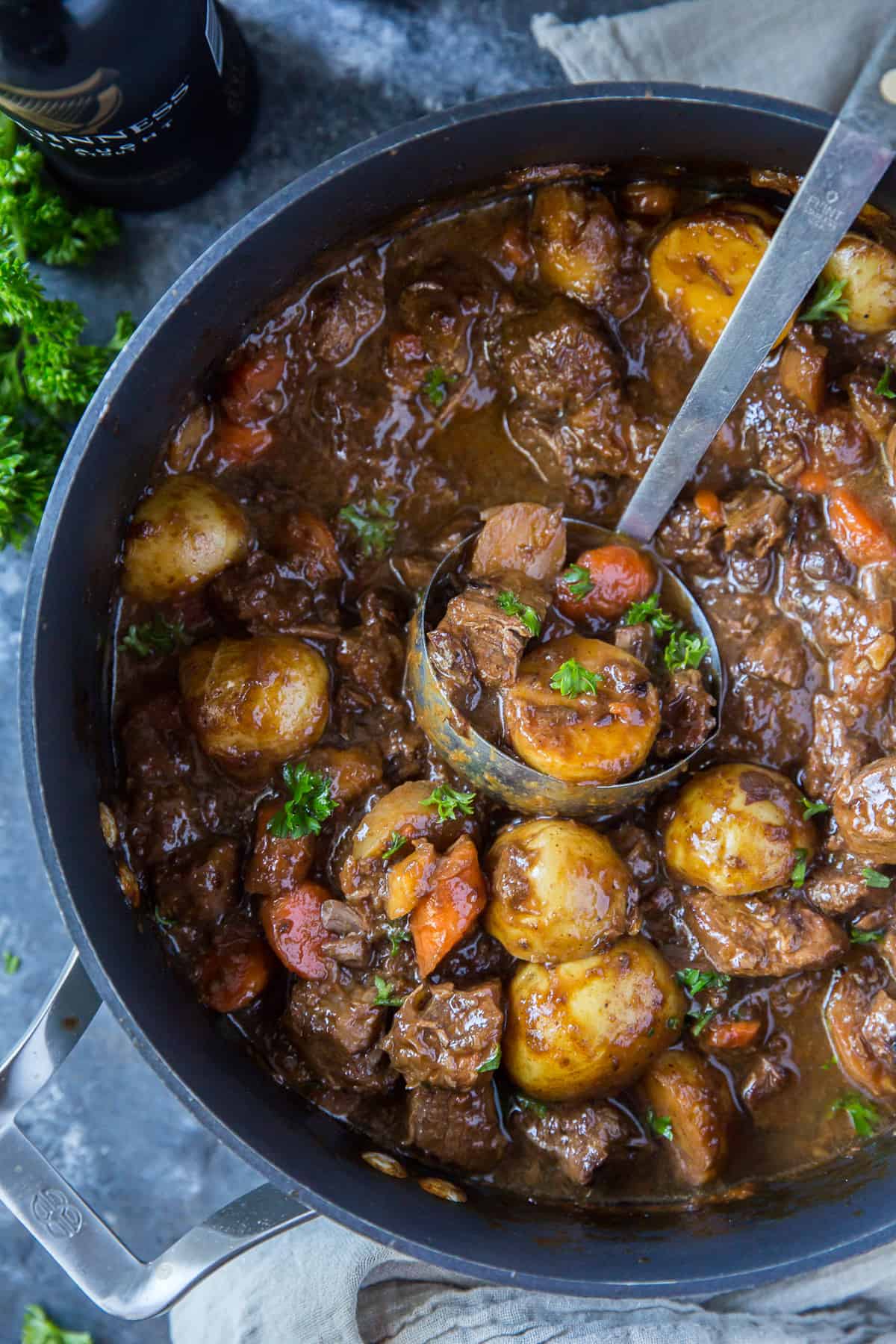 A ladle scoops up some stew from a pot.