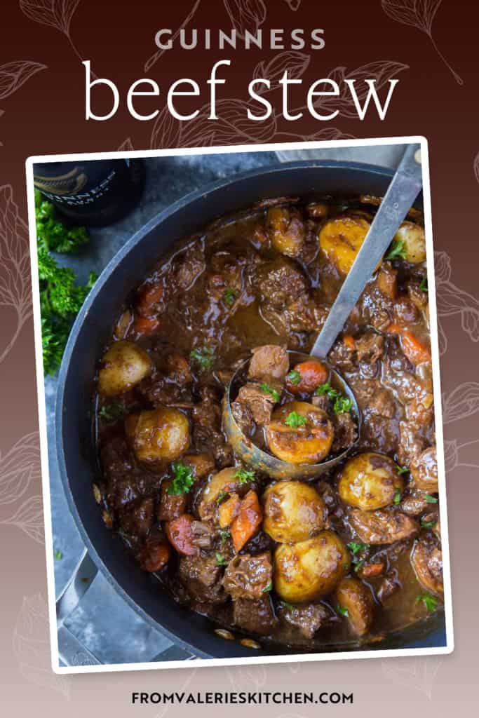 A ladle resting in a pot of Guinness Beef Stew with text overlay.