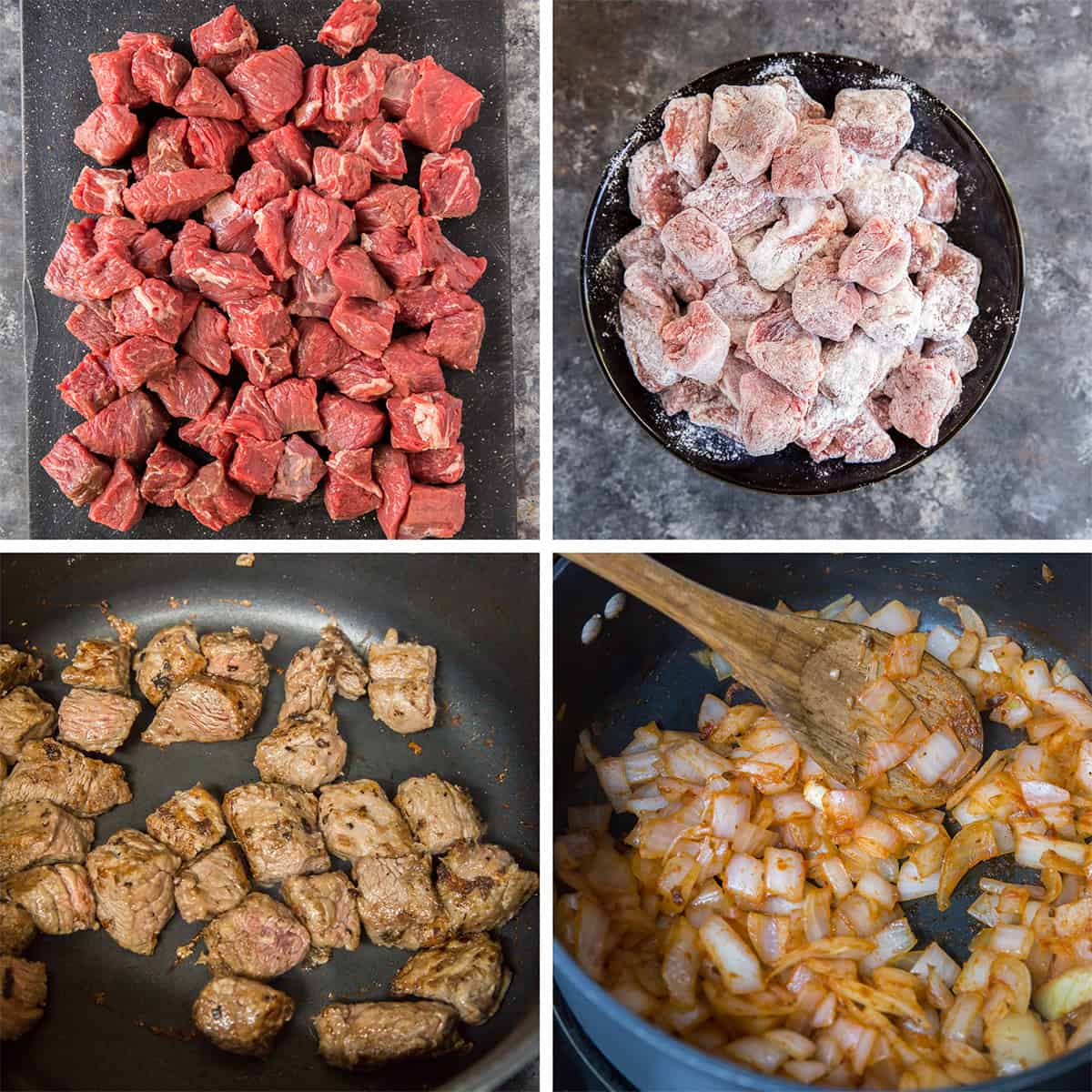 Four images of beef coated in flour and cooking in a skillet with onions and garlic.