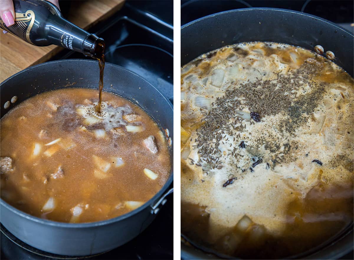 Two images showing Guinness beer pouring into a pot and spices added.