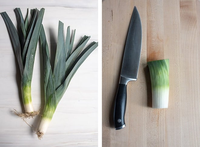 Two in process images showing leeks and a single leek with the root end and dark green leaves sliced off.