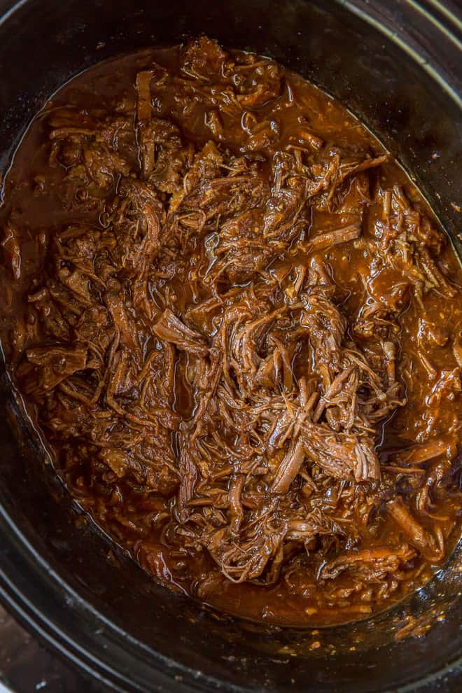 Shredded BBQ Beef in a slow cooker.