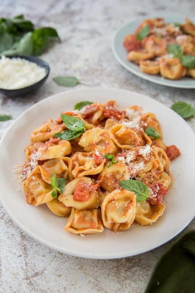 A white plate of tortellini with tomato cream sauce.