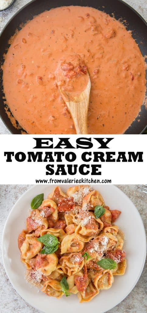 A skillet with tomato cream sauce with text overlay.