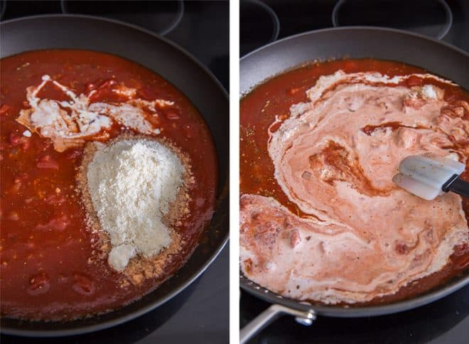 Two in process images showing Parmesan cheese and cream added to the skillet.