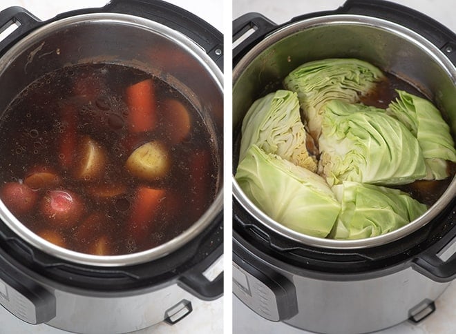 Two in process images showing the potatoes, carrots, and cabbage wedges added to the cooking liquid in the Instant Pot.