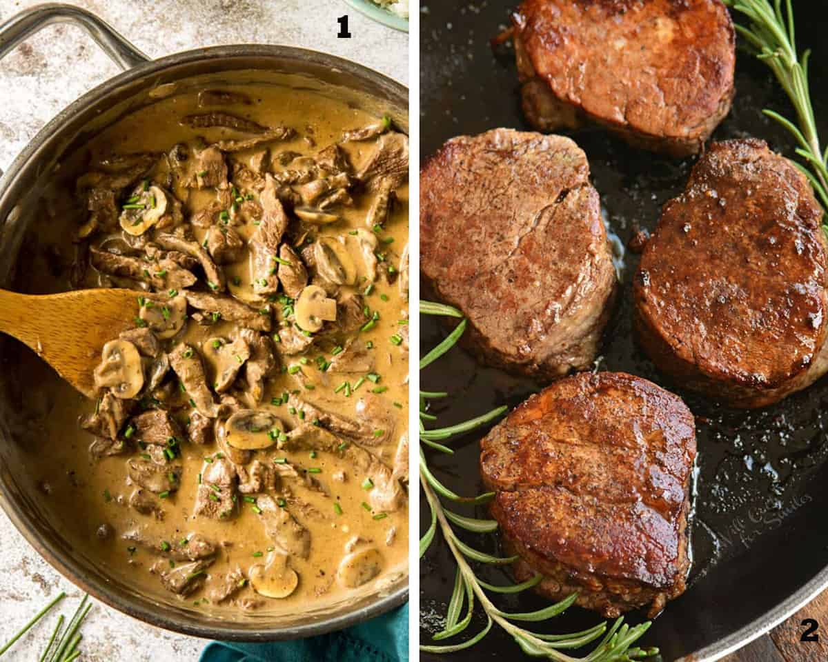 A two image collage of Beef Stroganoff and Filet Mignon. Restaurant Quality Beef Recipes.