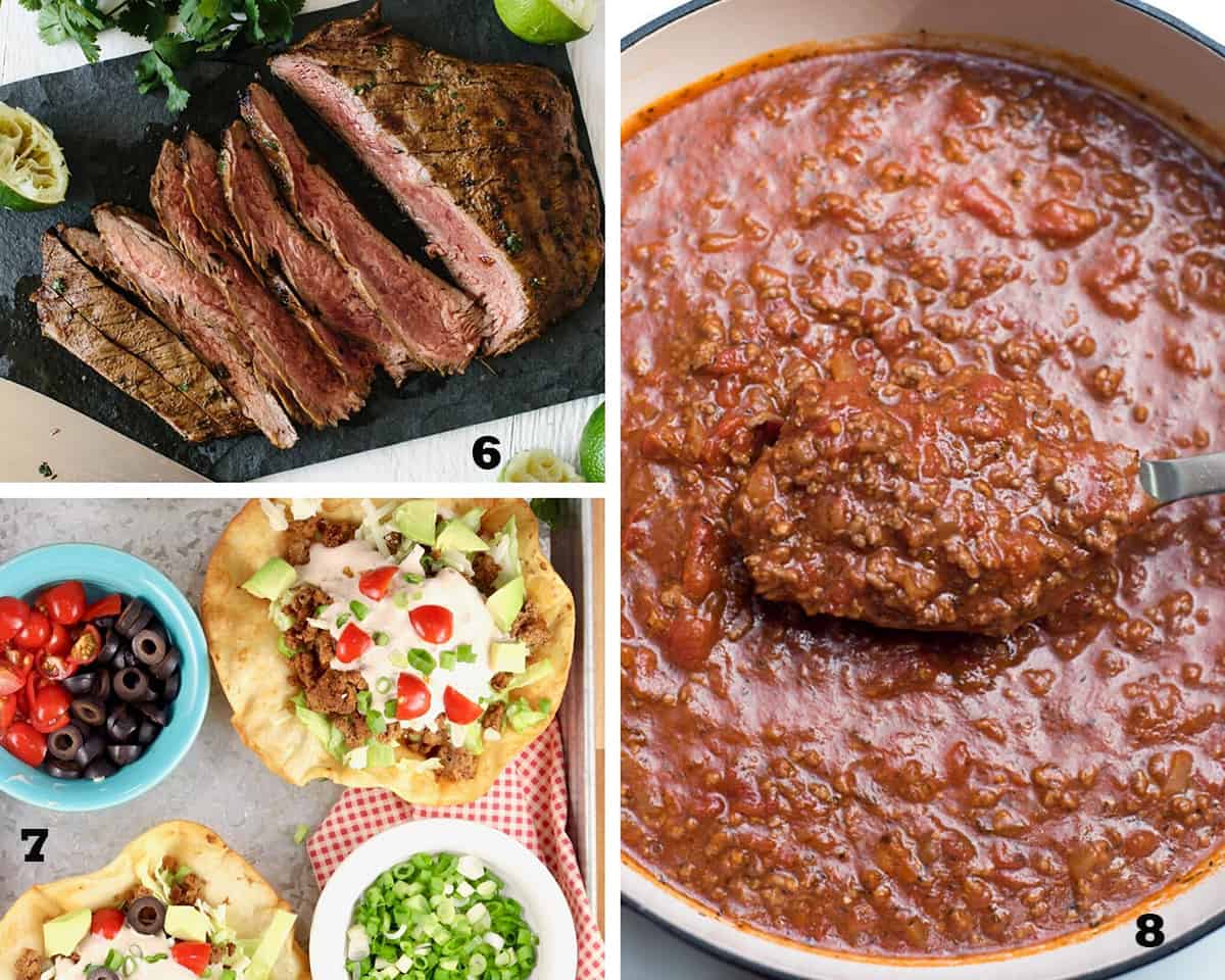 A three image collage of Carne Asada, Taco Salad, and Easy Homemade Spaghetti Sauce. Restaurant Quality Beef Recipes.