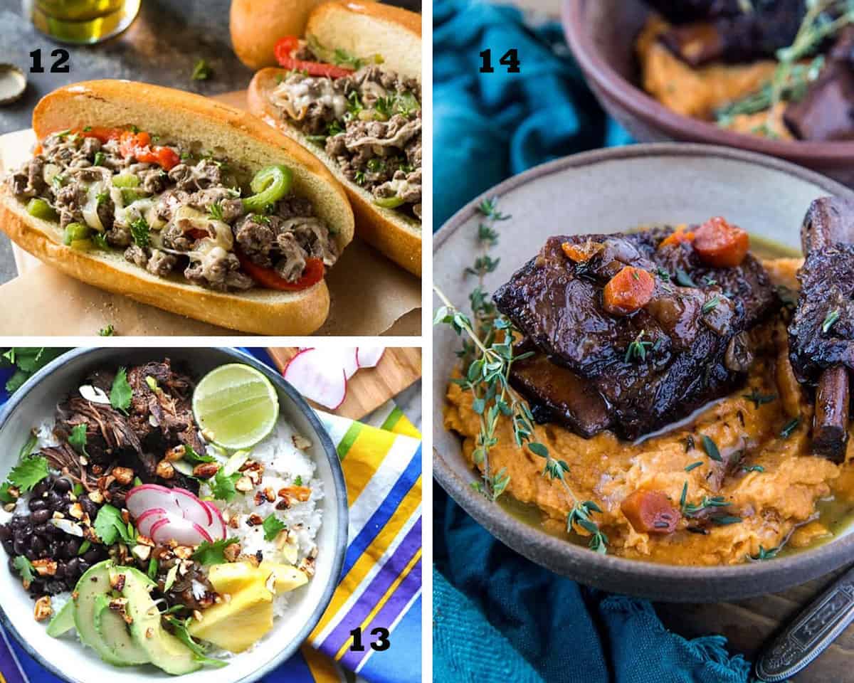 A three image collage of Philly Cheesesteaks, Slow Cooker Carne Adobada, Instant Pot Short Ribs. Restaurant Quality Beef Recipes.