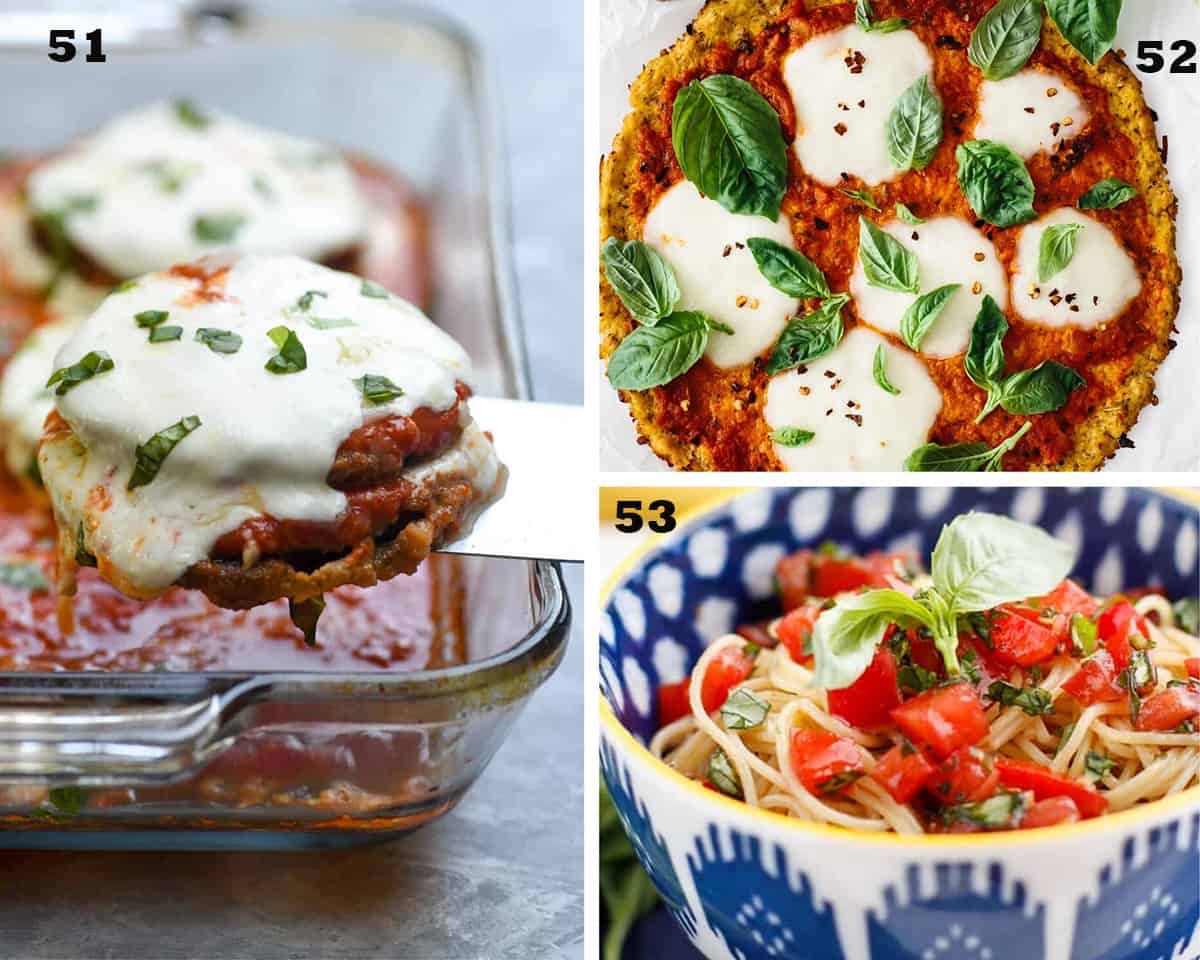 A three image collage of Baked Eggplant Parmesan, Cauliflower Crust Pizza, Copycat Olive Garden Capellini Pomodoro. Restaurant Quality Meatless Recipes.