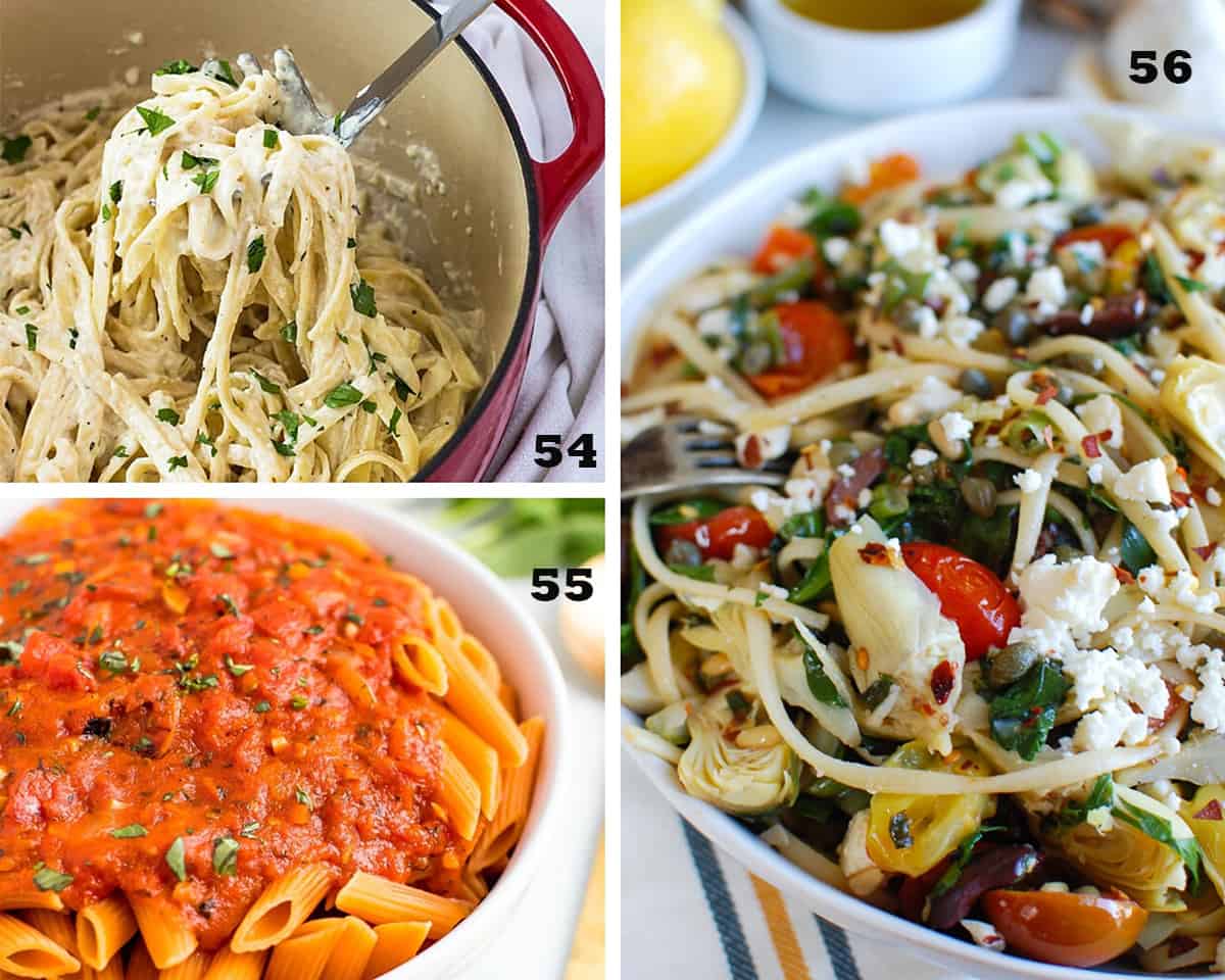 A three image collage of Easy Alfredo Sauce, Lightened Up Penne alla Vodka, Mediterranean Pasta. Restaurant Quality Meatless Recipes.