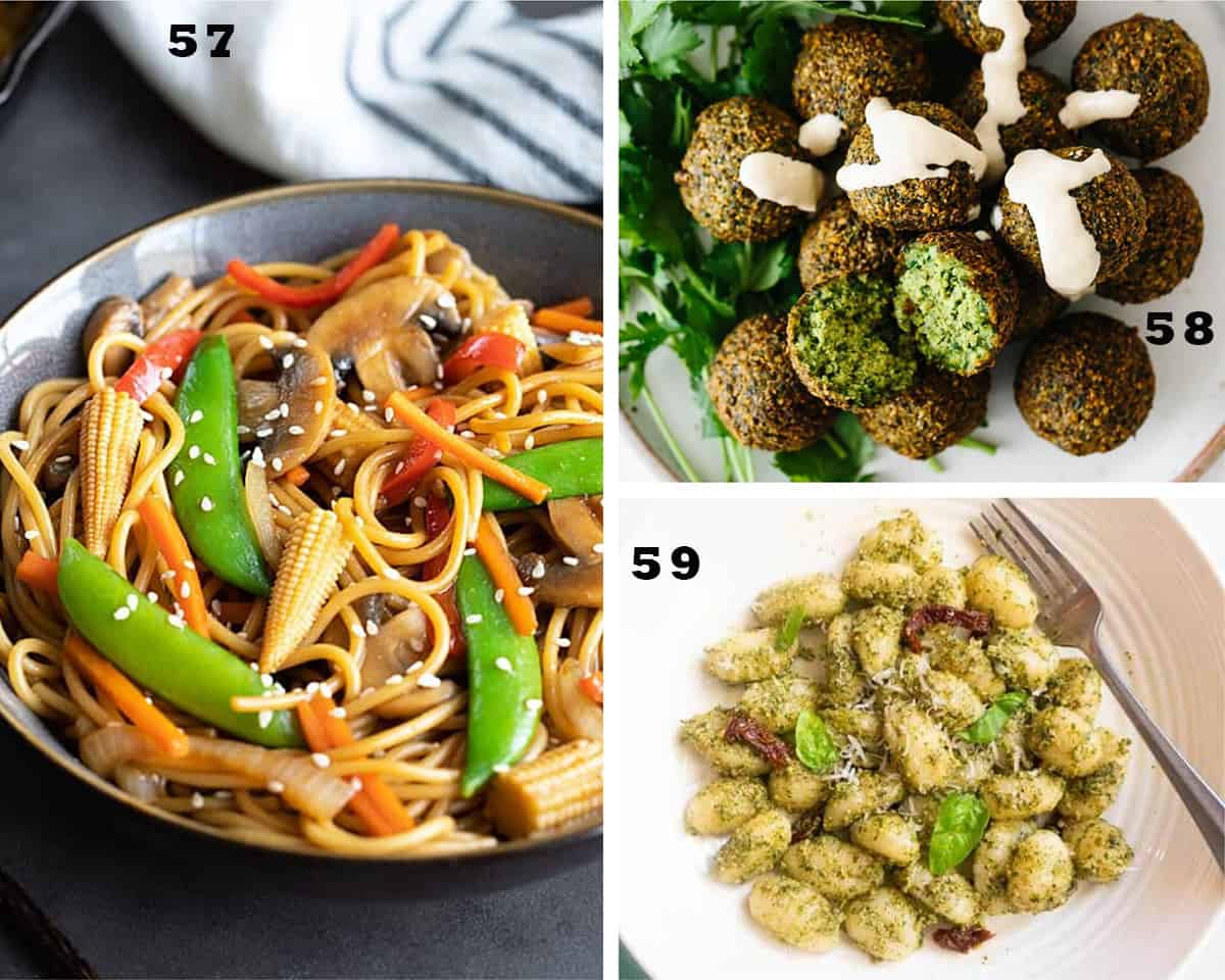 A three image collage of Vegetable Lo Mein, Homemade Falafel, Gnocchi with Basil Pesto. Restaurant Quality Meatless Recipes.