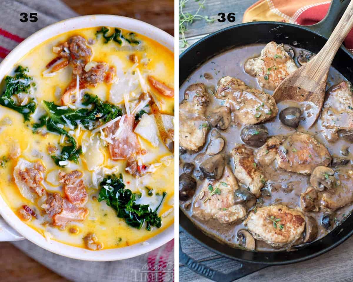 A two image collage of Olive Garden Zuppa Toscana Soup and Steakhouse Mushroom Pork Loin Medallions. Restaurant Quality Pork Recipes.