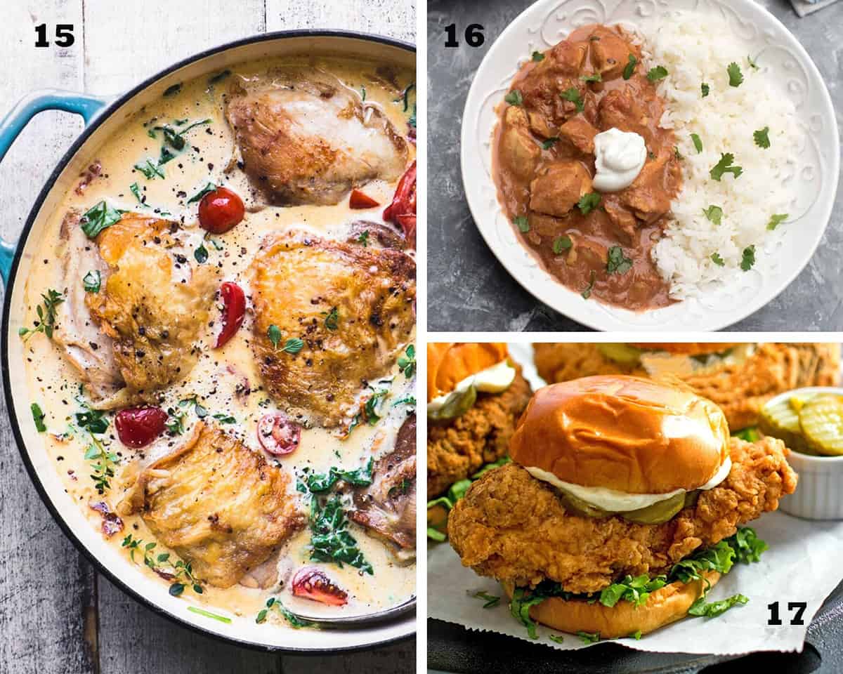A three image collage of Creamy Tuscan Chicken Thighs, Slow Cooker Chicken Tikka Masala, Crispy Chicken Sandwiches. Restaurant Quality Chicken Recipes.
