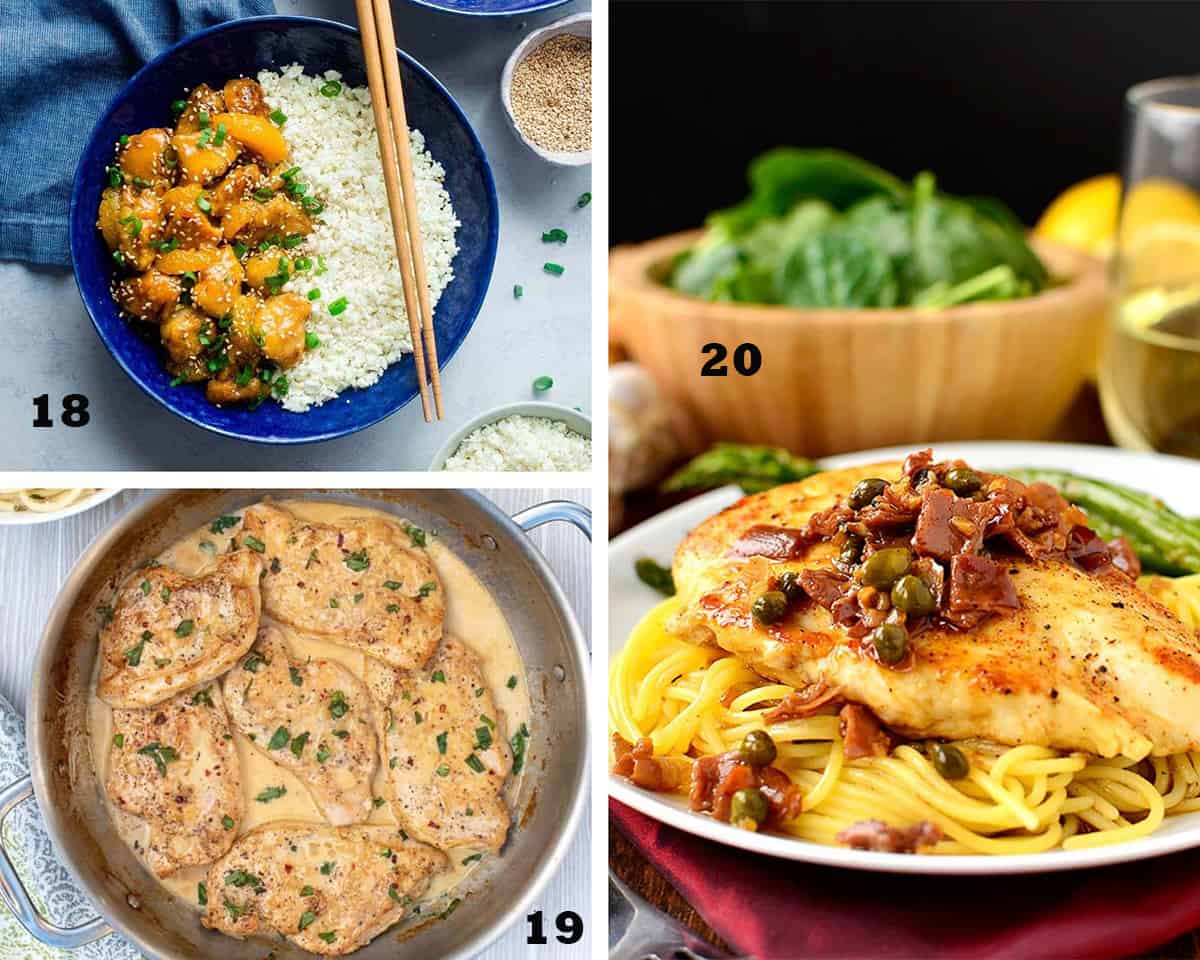 A three image collage of Orange Chicken, Creamy Lemon Chicken with Pasta, and 20-Minute Company Chicken. Restaurant Quality Chicken Recipes.