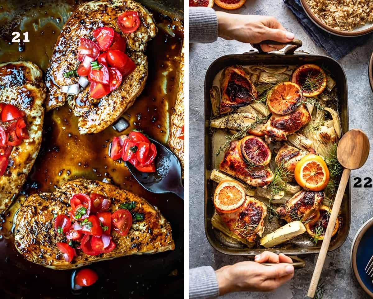 A two image collage of Bruschetta Chicken and Oven Roasted Orange Chicken with Fennel. Restaurant Quality Chicken Recipes.